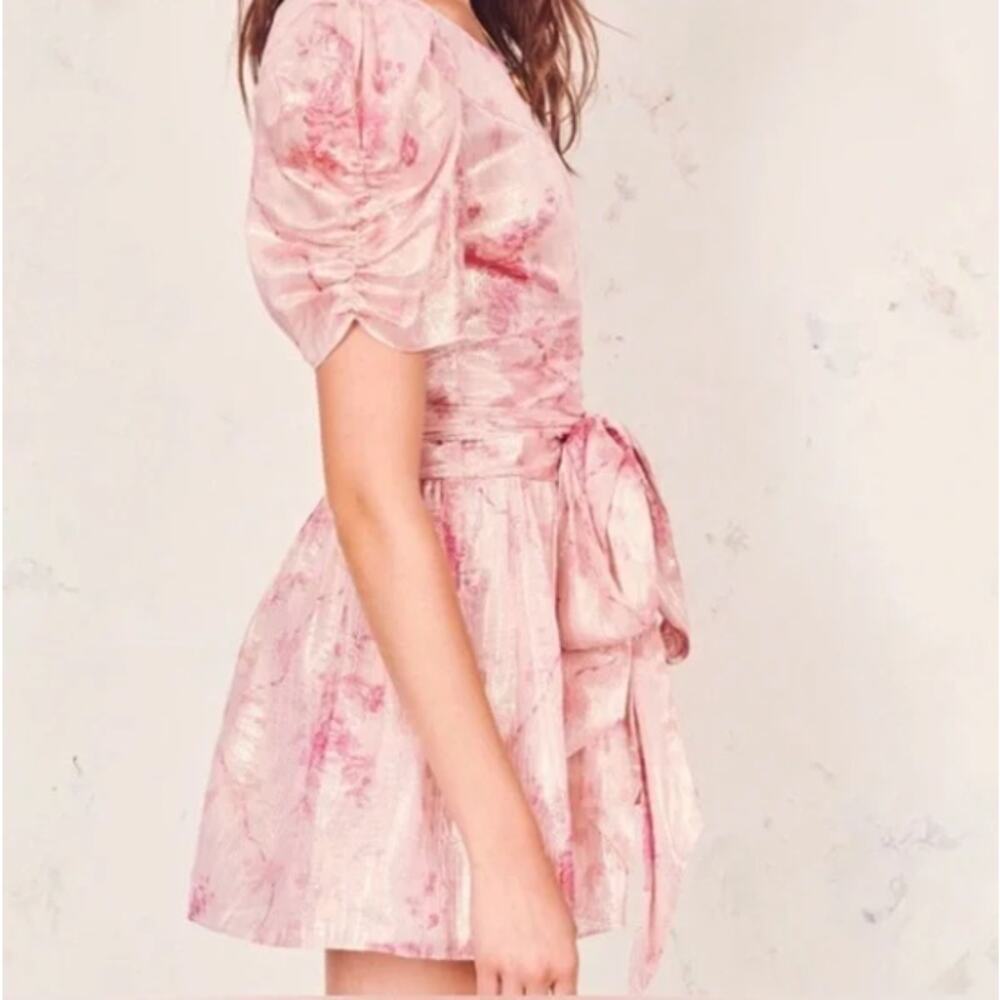 LOVESHACKFANCY Mercy Silk Metallic Puff Sleeve Mini Dress Pink Sz 6 $530 {LL13} - Picture 2 of 8